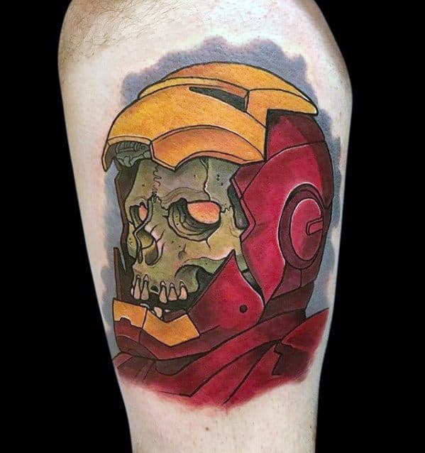 Iron Man tattoo featuring a fusion of a skull and his iconic helmet, with vibrant colors and bold outlines, creating a striking contrast between life and technology.
