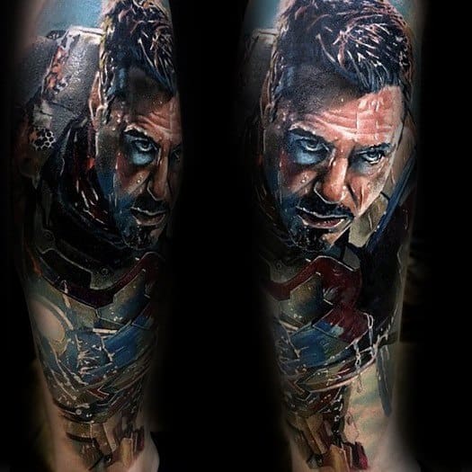 Iron Man tattoo featuring a hyper-realistic portrait of Tony Stark in his armor, with intricate detailing and vibrant colors capturing his intensity and heroism.