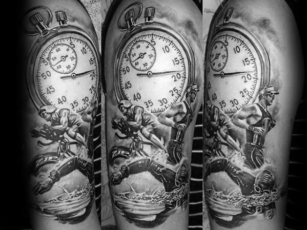 Triathlon tattoo featuring a stopwatch surrounded by dynamic images of a swimmer, cyclist, and runner, symbolizing the race against time in a triathlon.