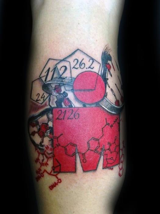Creative Ironman logo tattoo with a red fill, molecular structures, race distances, and a DNA strand wrapped around the design.