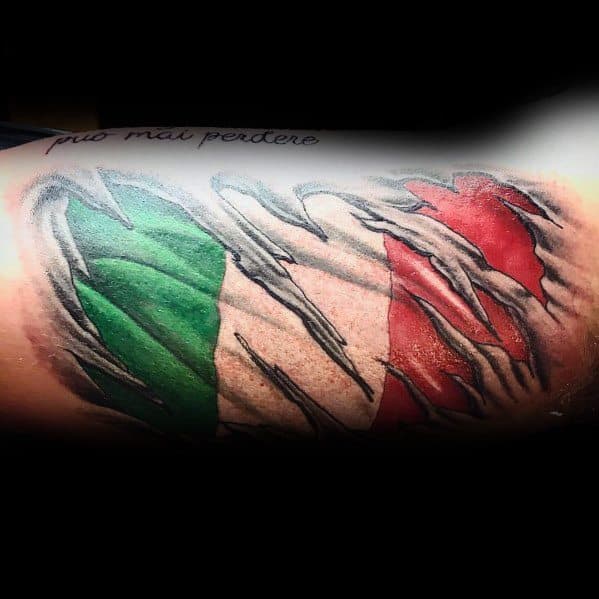 Tattoo with a torn skin effect revealing the Italian flag underneath, symbolizing deep national pride and strength, with realistic shading.