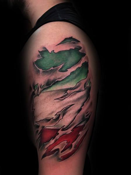 Upper arm tattoo with a torn skin effect revealing the Italian flag underneath, symbolizing deep-rooted pride, strength, and cultural heritage.
