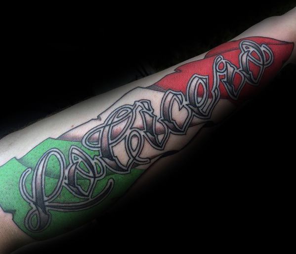 Forearm tattoo featuring the Italian flag with the name "Pascario" in bold, intricate script, symbolizing pride, heritage, and identity.