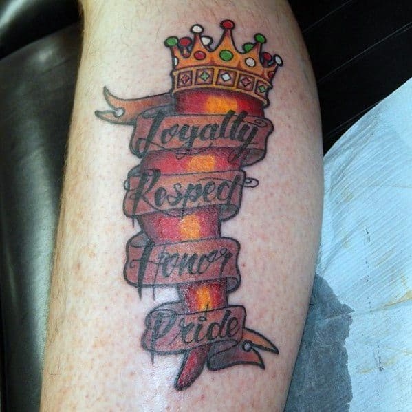 Italian horn tattoo with a jeweled crown and banner reading 'Loyalty, Respect, Honor, Pride,' symbolizing values and heritage.
