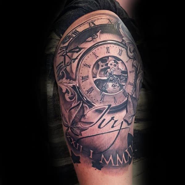 ivy mens half sleeve pocket watch leaves kids name tattoo