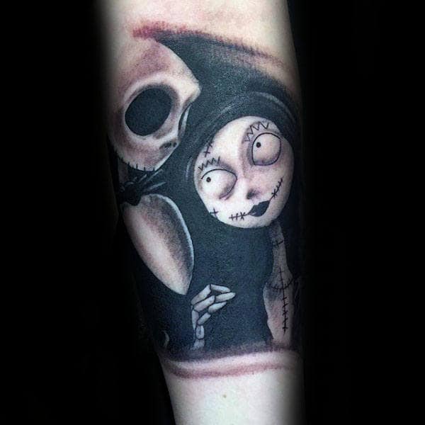 Jack With Sally Guys Night Before Christmas Quarter Sleeve Shaded Black Ink Tattoos