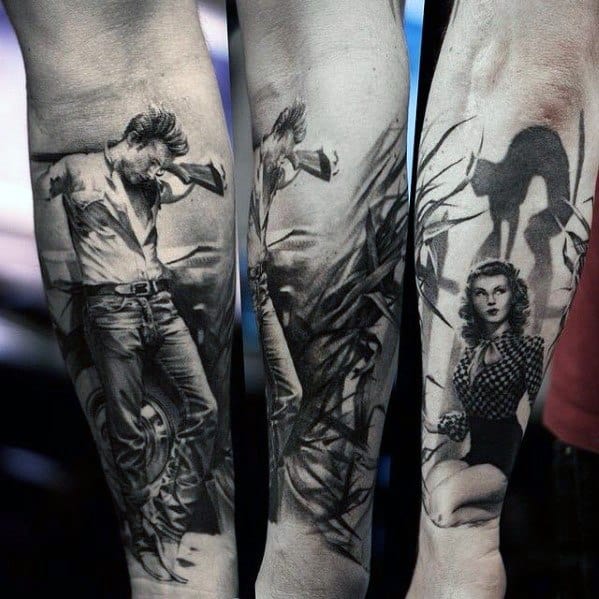 Black and grey leg sleeve tattoo featuring James Dean leaning against a car, dramatic lighting, and a classic pin-up style woman.