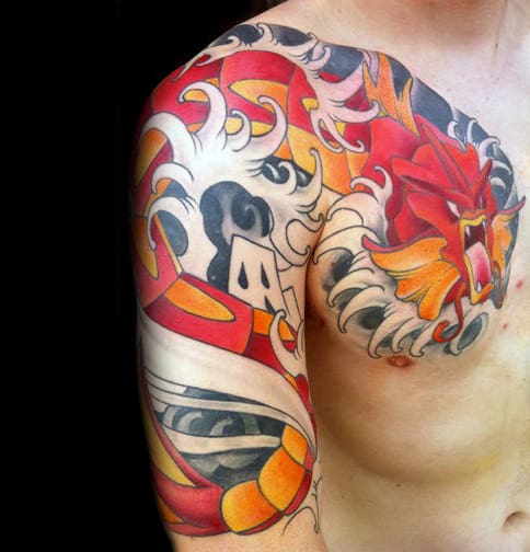 Japanes Gyarados Water Waves Mens Half Sleeve And Hest Tattoo