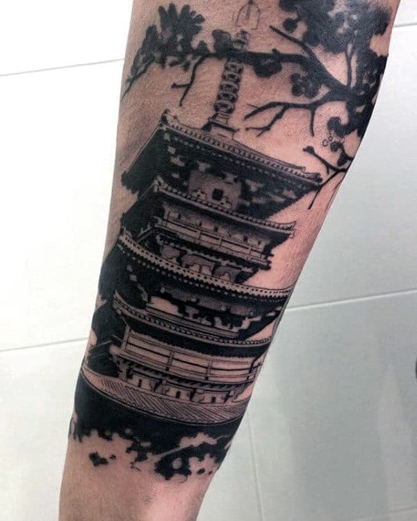 Japanese Building Mens Forearm Tattoo