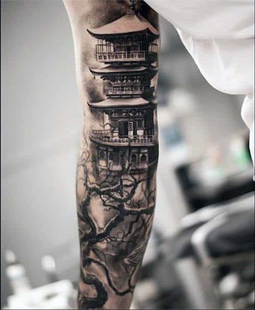 Japanese Building With Tree Mens Sleeve Tattoos