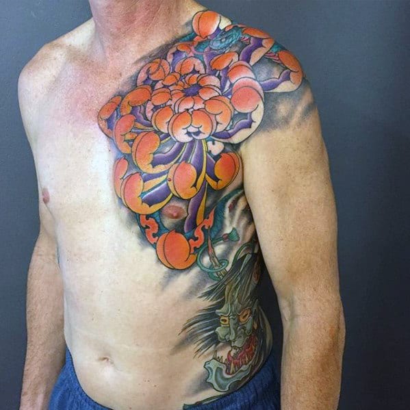 Japanese Chrysanthemum Flower Mens Chest Tattoos