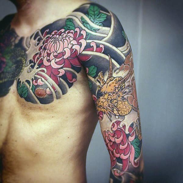 Japanese Chrysanthemum Mens Chest And Full Sleeve Tattoos