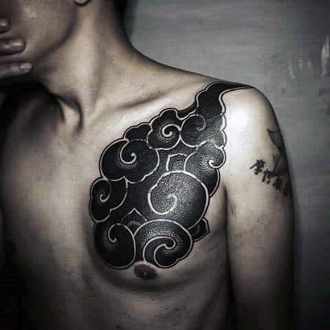 Japanese Cloud Male Black Ink Chest Tattoo