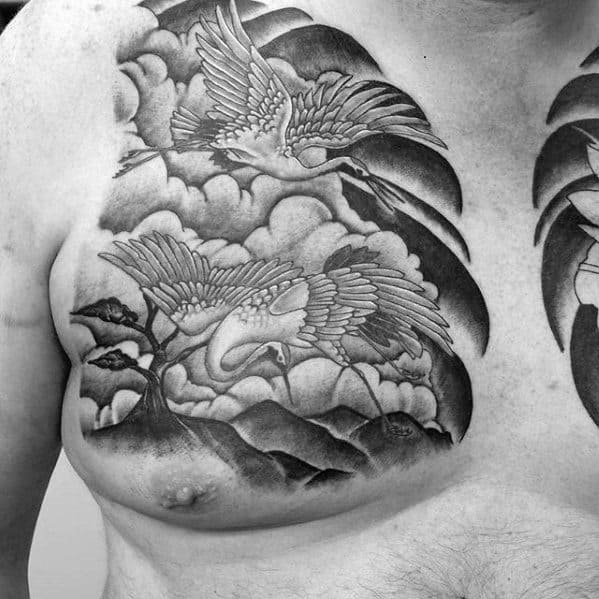 Japanese Clouds With Crane Birds Upper Chest Tattoo For Men