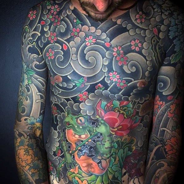 Japanese Clouds With Frog Mens Chest Tattoo Designs
