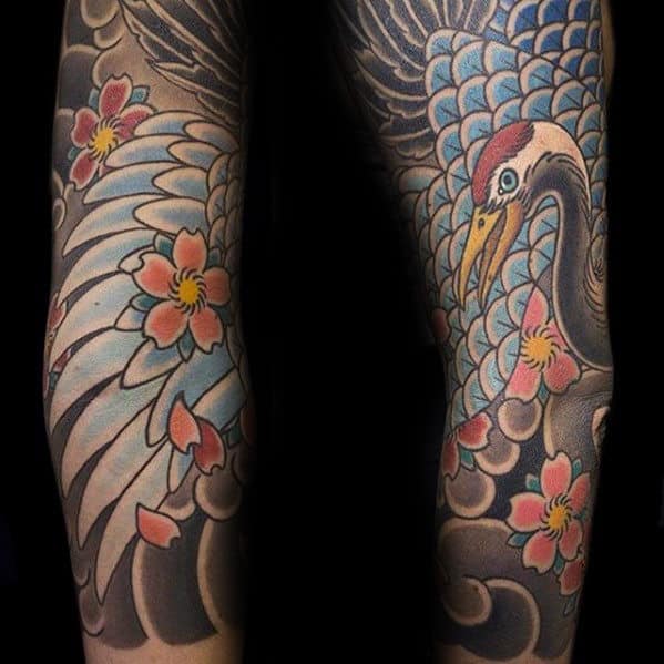 Japanese Crane Feathers Mens Arm Sleeve Tattoo Design Ideas