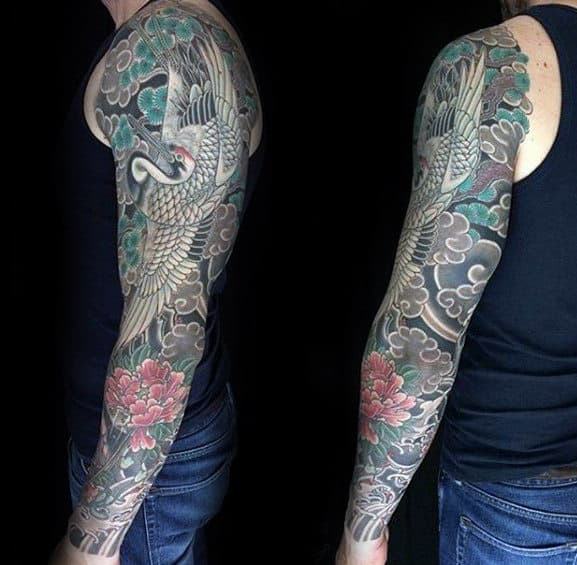 Japanese Crane Themed Male Full Sleeve Tattoo Ideas