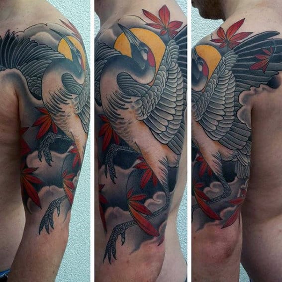 Japanese Crane With Clouds Mens Half Sleeve Tattoos