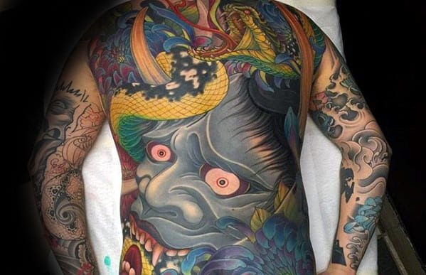 Japanese Demon Mask Badass Guys Back Tattoos