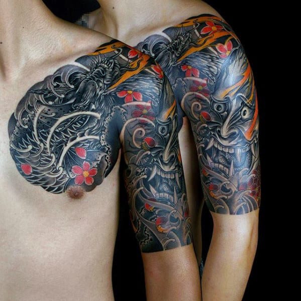 Japanese Demon Mask With Koi Dragon Mens Half Sleeve Tattoo