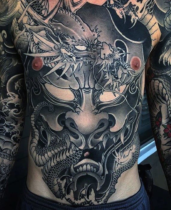 Japanese Dragon Demon Mask Mens Shaded Chest Tattoos