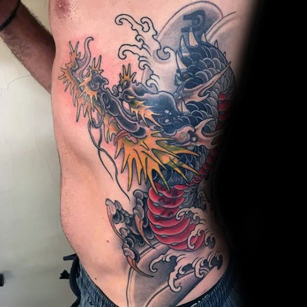 Japanese Dragon With Water Waves Sweet Rib Cage Side Tattoos For Males