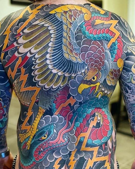 Japanese Eagle Snake Mens Full Back Tattoos