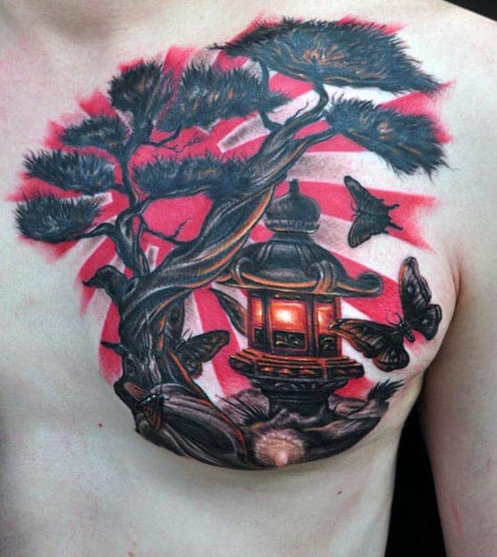 Japanese Flag Bonsai Tree With Lantern Chest Tattoos For Men
