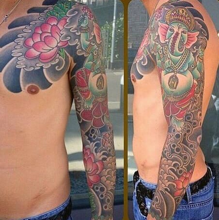 Japanese Floral Ganesh Male Tattoo Sleeve Designs