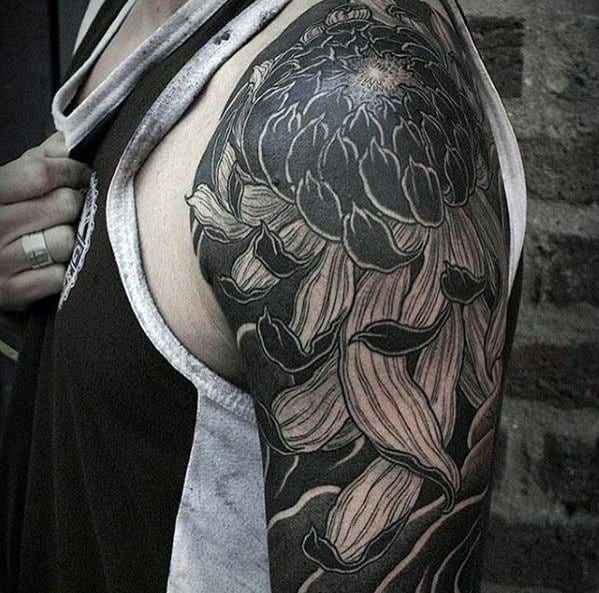 Japanese Flower Black And Grey Ink Guys Great Half Sleeve Tattoo Design Ideas