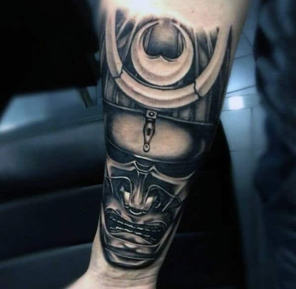 Japanese Forearm Sleeve Tattoo For Men Of Cool Samauri Mask
