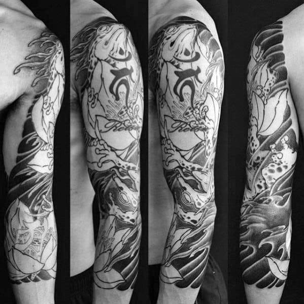 Black and grey Japanese-style full-sleeve tattoo featuring a dynamic frog, swirling water, lotus flowers, and bold kanji symbols for a traditional look.