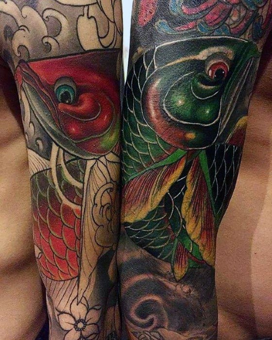 Japanese Full Arm Sleeve Arowana Mens Tattoo Ideas