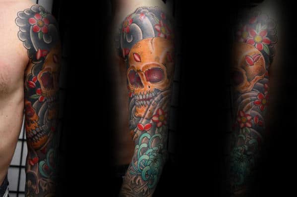 Japanese Gold Skull Sleeve Tattoos For Men