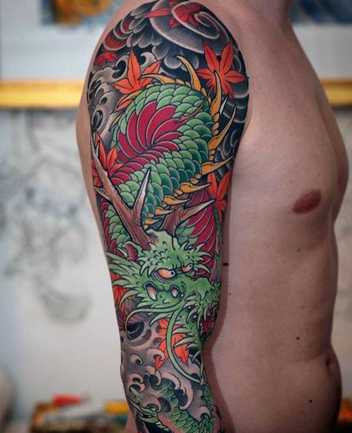 Japanese Green Dragon Arm Sleeve Tattoos For Guys
