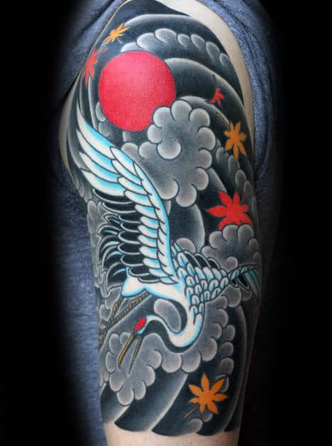 Japanese Guys Crane Bird Flying In Clouds Tattoo Half Sleeve