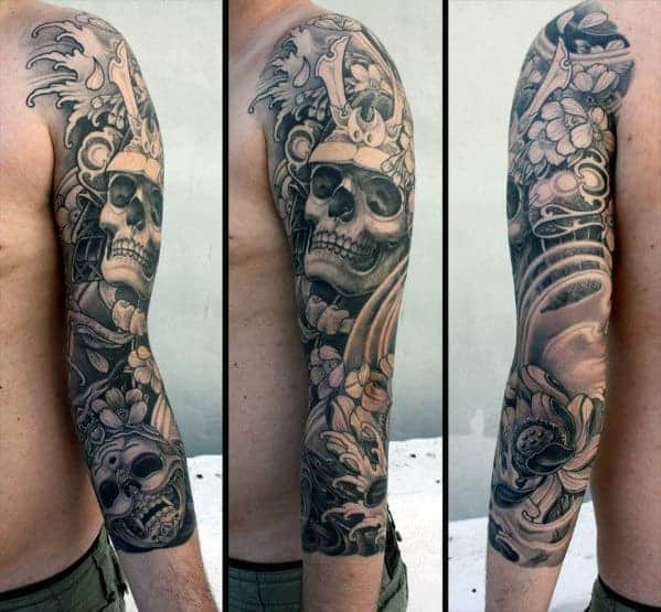 japanese-half-sleeve-mens-samuari-helmet-skull-tattoo-ideas
