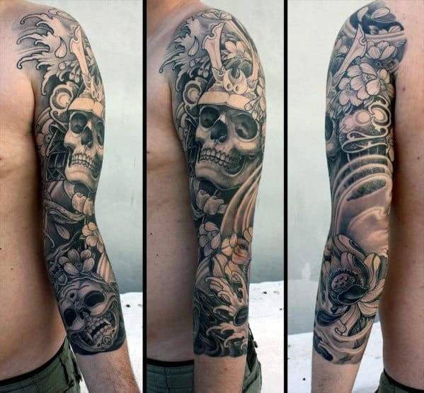 Japanese Half Sleeve Mens Samuari Helmet Skull Tattoo Ideas
