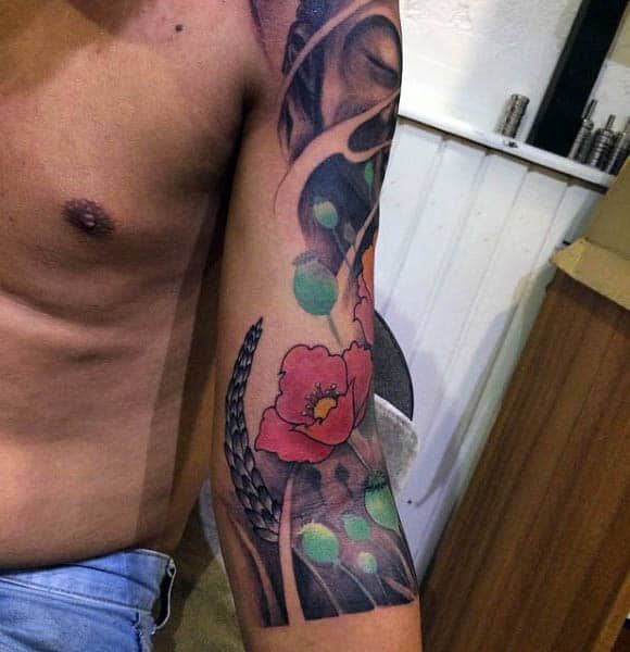 Japanese Half Sleeve Poppy Flower Tattoos On Man