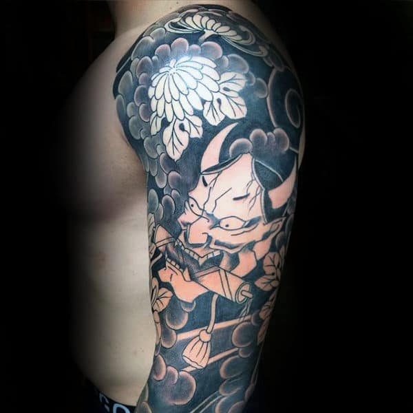 Japanese Hannya Mask With Clouds Mens Sleeve Tattoo