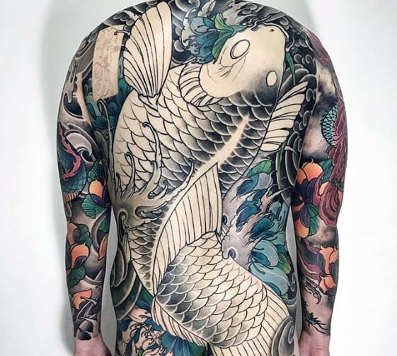 Japanese Koi Fish Splashing In Water Mens Back Tattoo