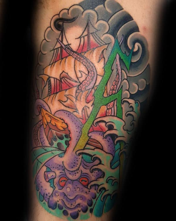 Japanese Lightning Kraken Mens Thigh Tattoos