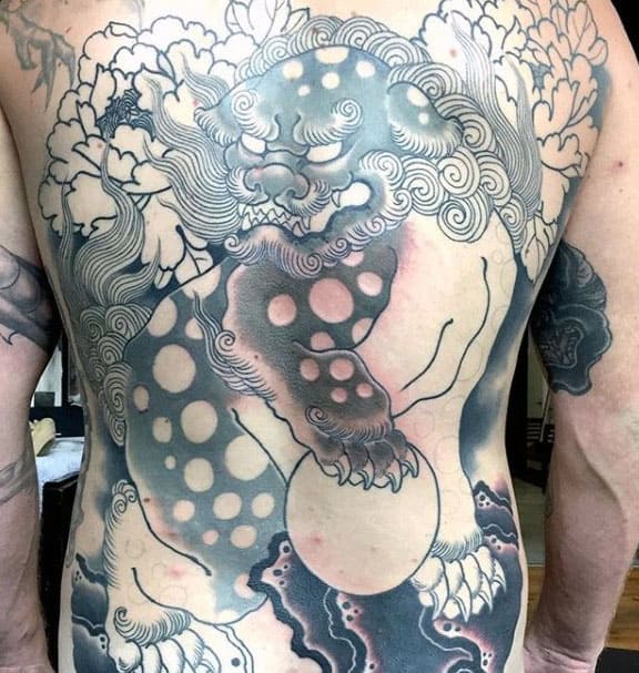 Japanese Male Foo Dog Full Back Tattoo Ideas