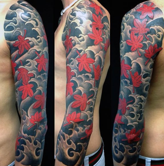 Japanese Maple Leaf Mens Full Sleeve Tattoo Ideas