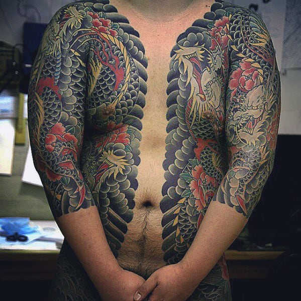 Japanese Mens Dragon Half Chest And Sleeve Tattoos