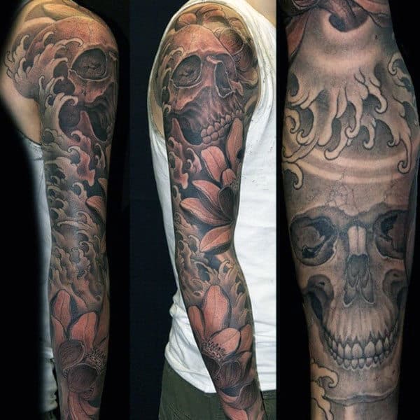Japanese Mens Full Skull Sleeve Tattoo Design Ideas