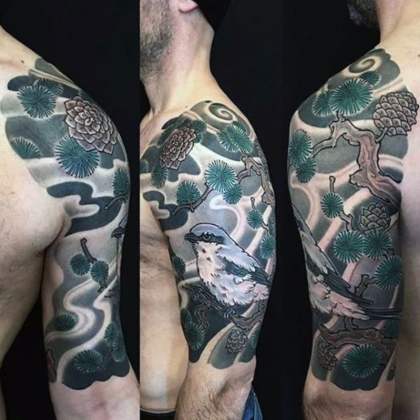 Japanese Mens Pine Tree Cone Tattoo Half Sleeve