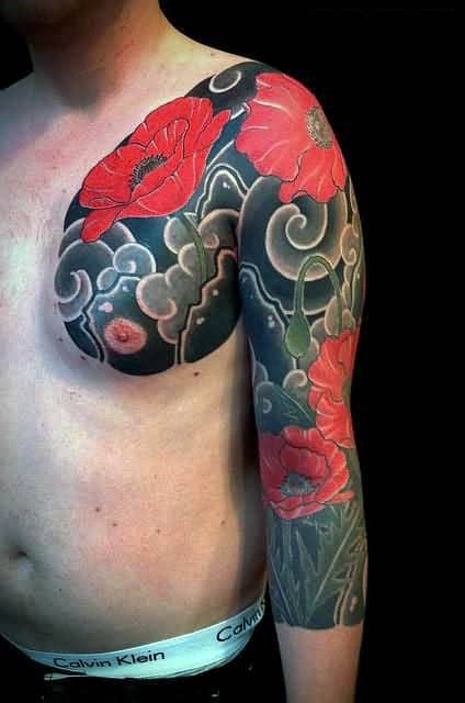Japanese Mens Poppy Clouds Tattoo Full Sleeve