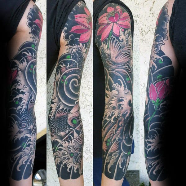 Japanese Ocean Water Waves Lotus Flower Black Ink Sleeve Tattoos