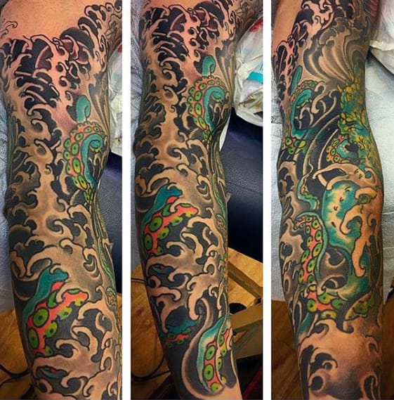 Japanese Ocean Water Waves With Octopus Mens Full Sleeve Tattoos